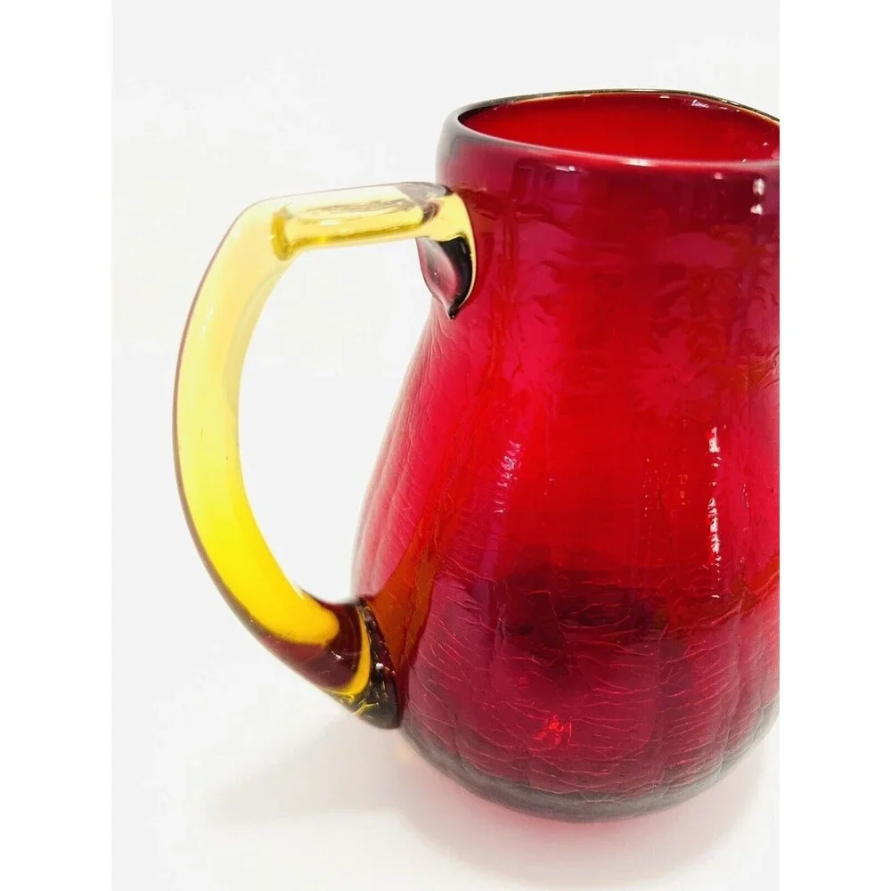 Vintage Amberina Crackle Glass Creamer Pitcher Ruby Red Amber Yellow 5.5”